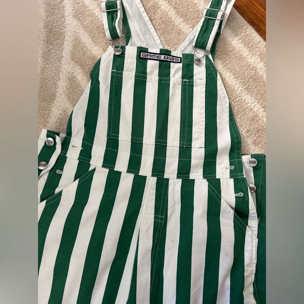 Green and white striped overalls